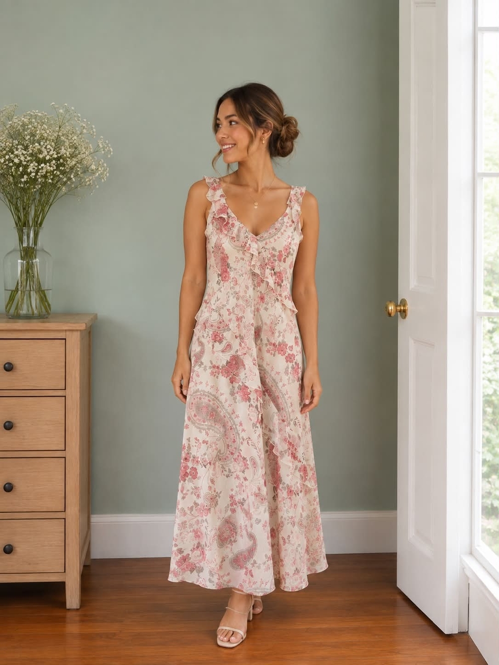 Alyn Paige Blush Floral Midi Dress with Ruffle V-Neck